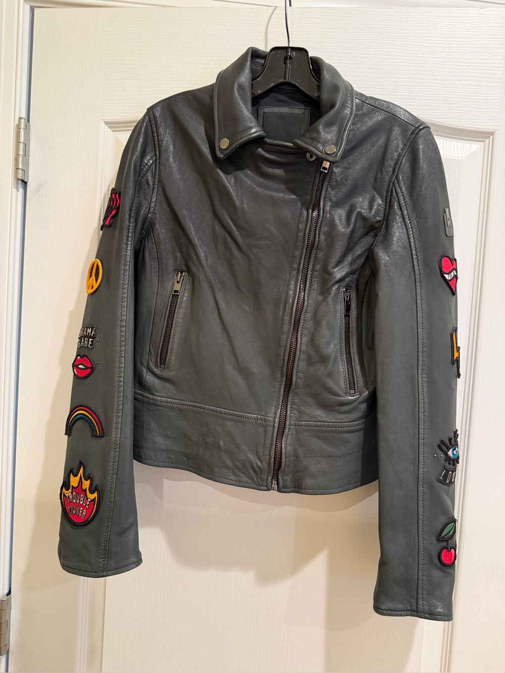Mauritius Women’s Black Leather Jacket with Colorful Sleeve Patches